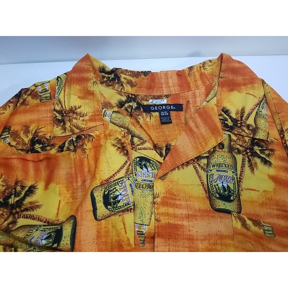 George Mens XL Orange Hawaiian Short Sleeve Button Up Wrecked Pilsner Beer Shirt